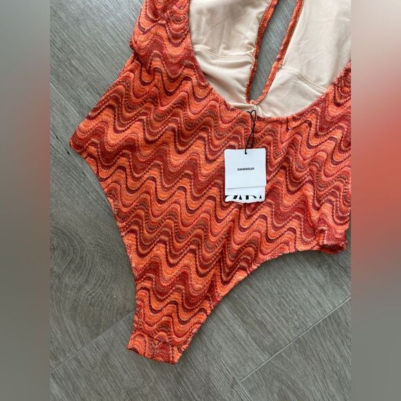 ZARA NWT Retro Wavy Print Halter One Piece Swimsuit Large Boho Keyhole Plunge - Picture 14 of 16
